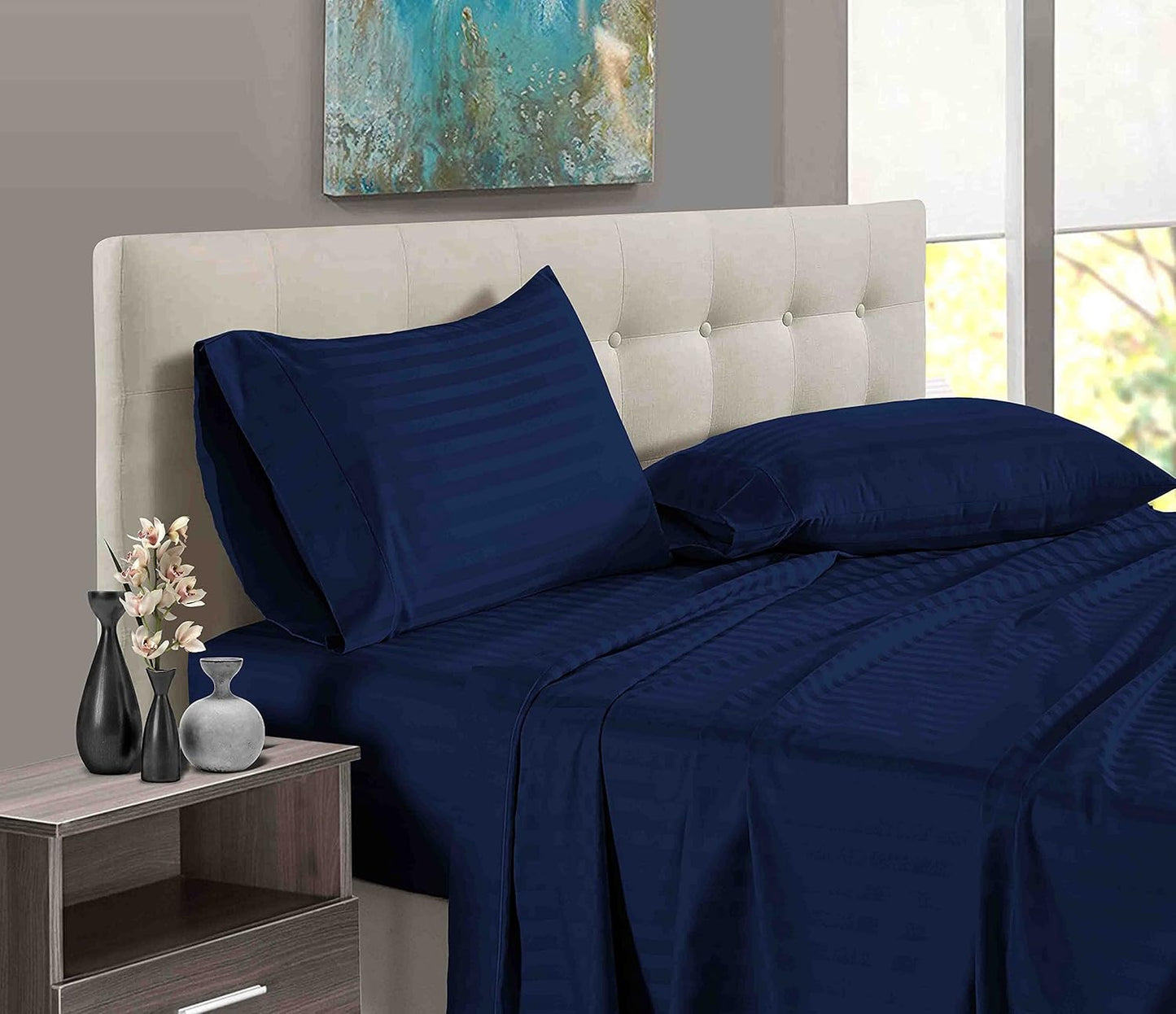 100% Pure Cotton Solid Stripe Bedsheet (410 Thread Count) - Elastic Fitted