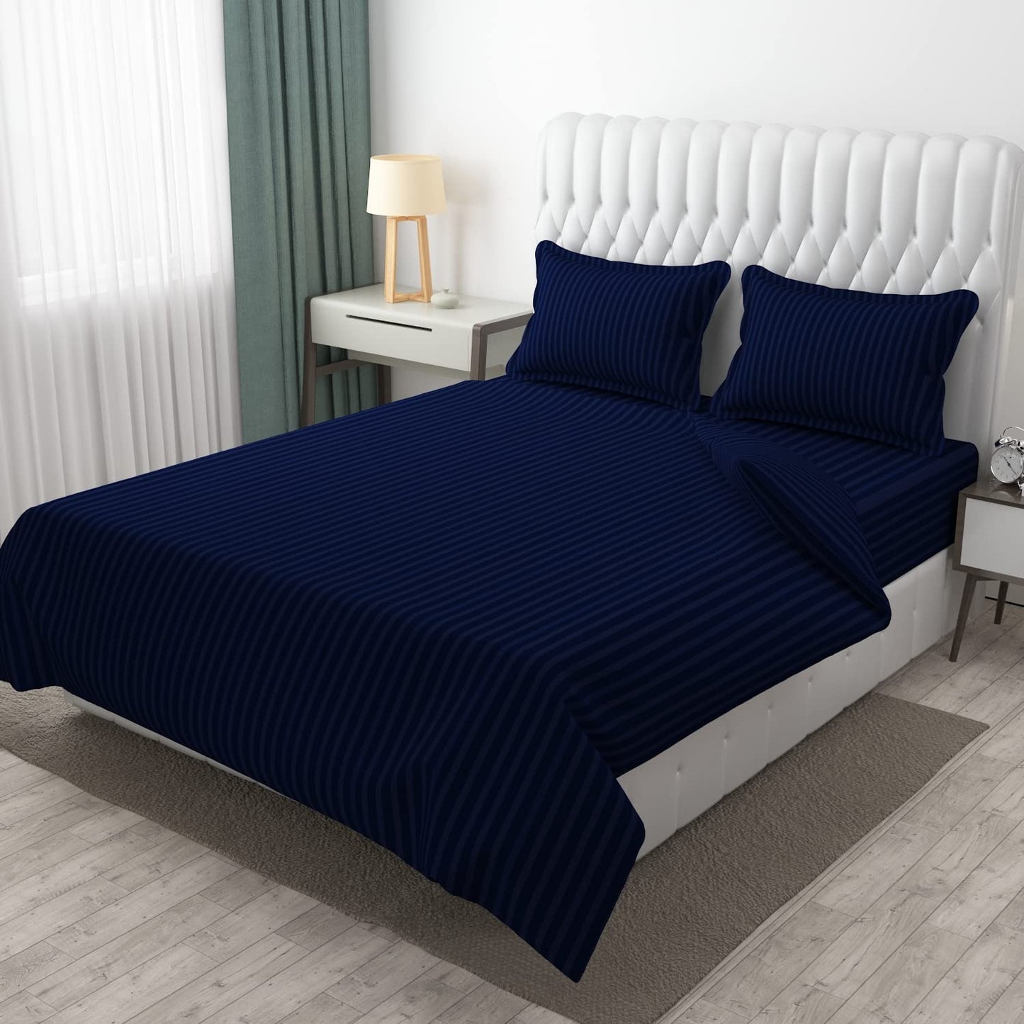 100% Pure Cotton Solid Stripe Bedsheet (410 Thread Count) - Elastic Fitted