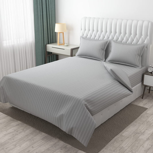 100% Pure Cotton Solid Stripe Bedsheet (410 Thread Count) - Elastic Fitted