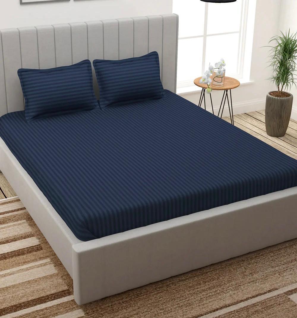 100% Pure Cotton Solid Stripe Bedsheet (410 Thread Count) - Elastic Fitted